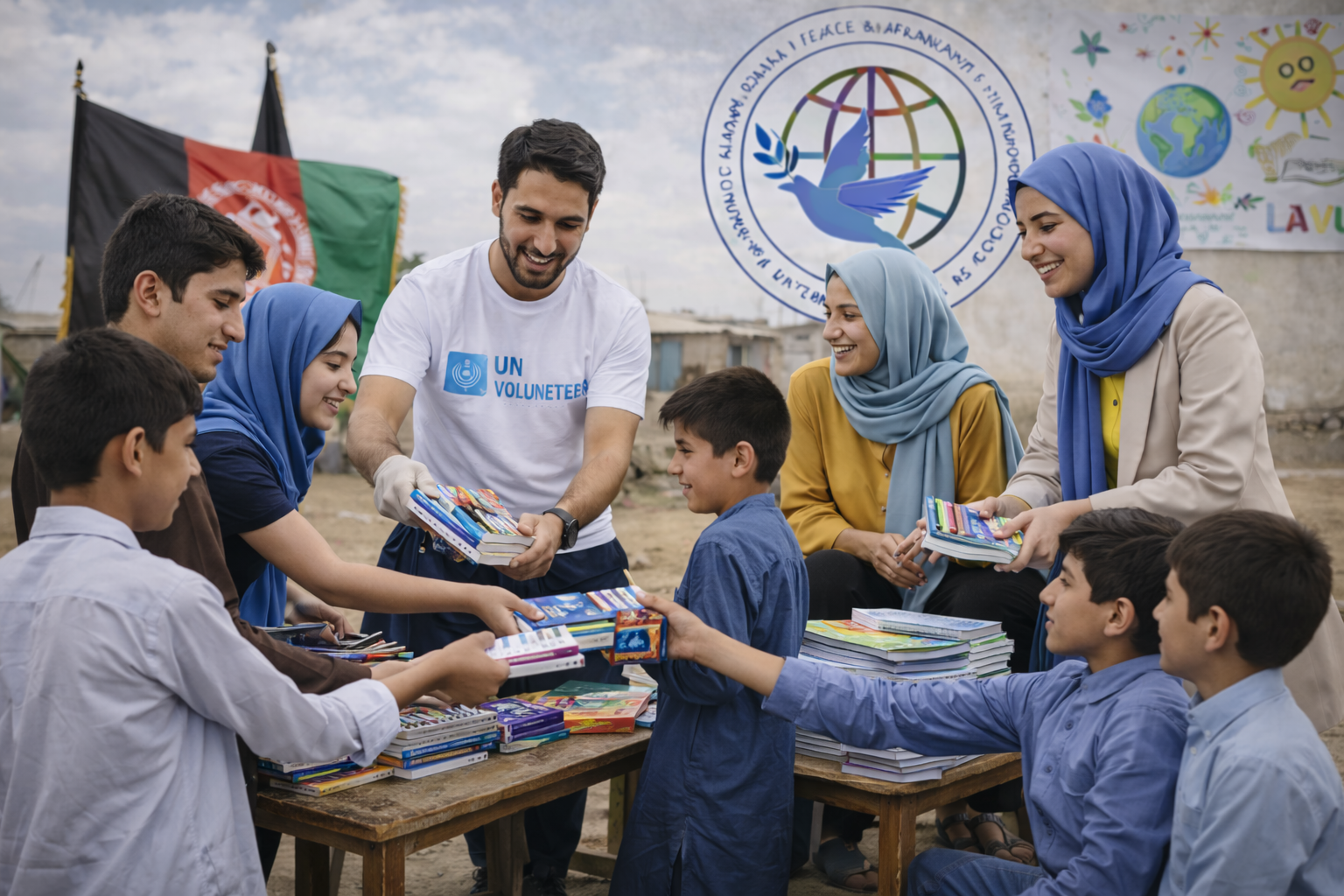 volunteers distributing school supplies in afghanistan